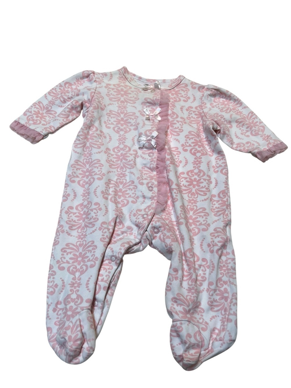 Little Me Baby Girls Size 3 Months Damask Footed Coverall White Pink Bows Ruffle